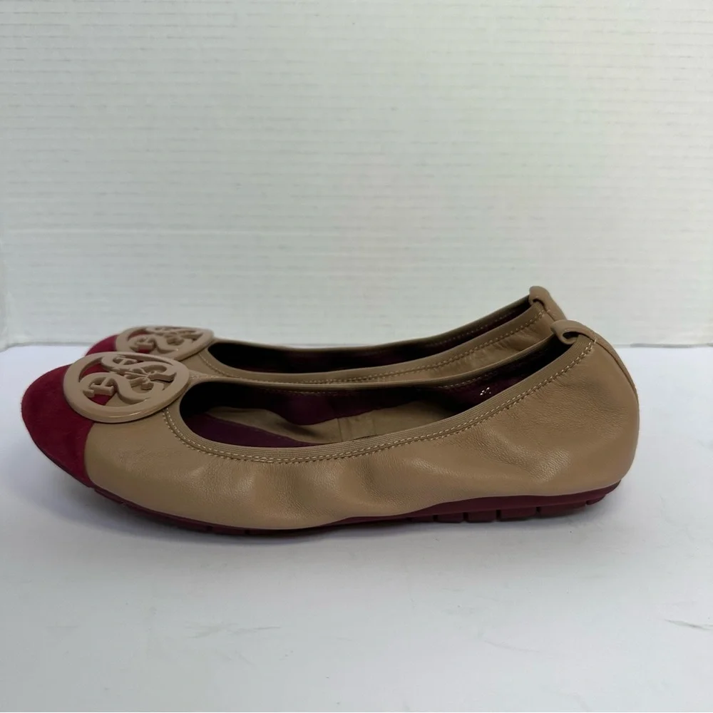 Staccato Women's Tan and Burgundy Ballet Flats w/Logo on Cap Toe- Size 23.5/ 7.5